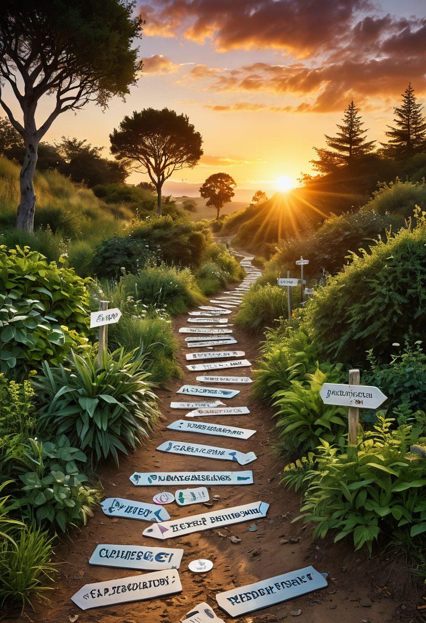 A visually engaging pathway winding through a lush landscape representing a credit journey, dotted with signposts labeled with terms like 'Optimization', 'Management', and 'Expert Tips'. Imagery of credit reports, calculators, and coins scattered along the path, with a sunrise in the background symbolizing hope and new beginnings. The scene should evoke a sense of guidance and clarity. vibrant colors. 3D.