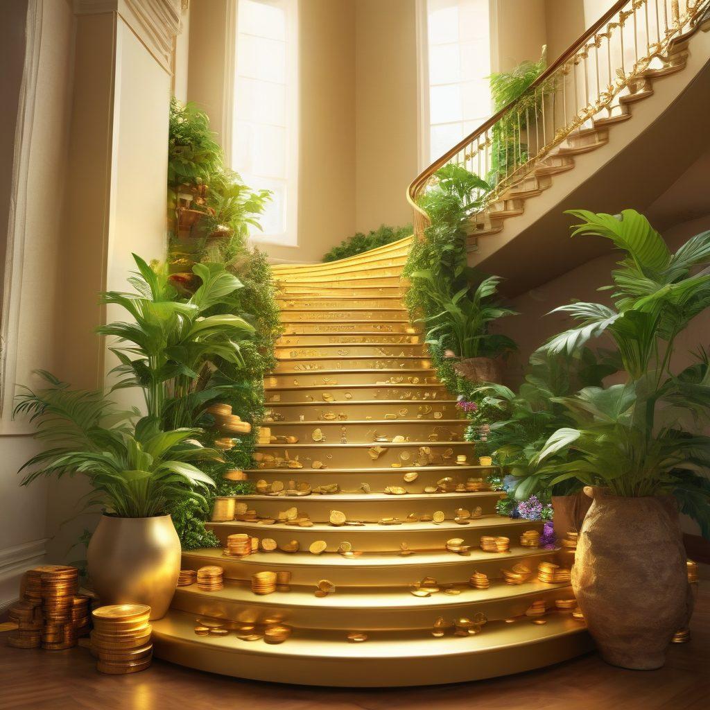 A golden staircase leading upwards, symbolizing financial growth, adorned with vibrant plants and coins cascading from above. At the top, a shining beacon labeled 'Empower Your Wealth', surrounded by diverse individuals engaging with financial tools and charts. The atmosphere conveys hope and prosperity, infused with bright light. super-realistic. vibrant colors. inspirational ambiance.