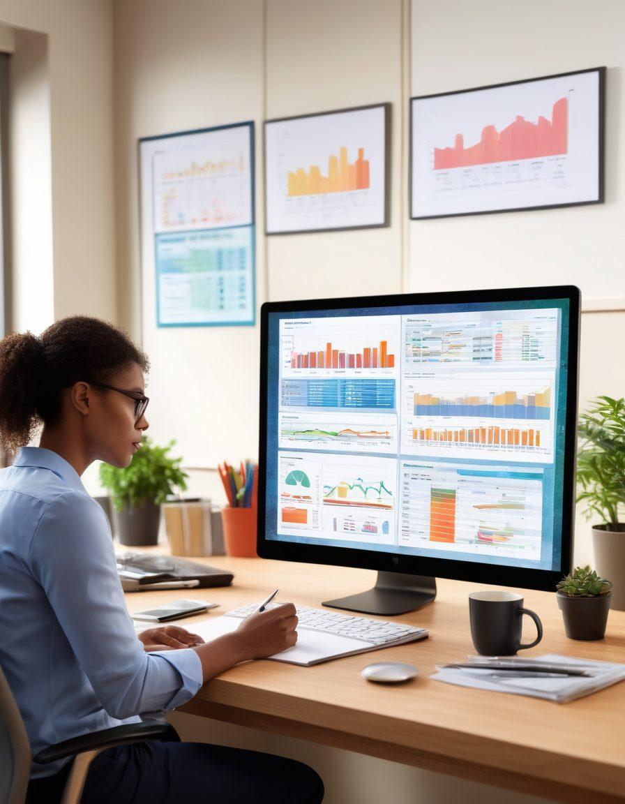 A visually engaging depiction of a person analyzing their finances on a large screen, surrounded by colorful charts and graphs that represent budgeting, debt management, and credit optimization. Include a calculator, notebooks, and coffee for a cozy yet productive atmosphere. The background should inspire a sense of calm and control, with soft lighting and a hint of greenery. super-realistic. vibrant colors. modern office setting.